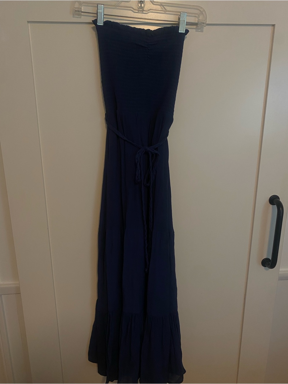 Elegant Strapless Maxi Dress in Navy with Self-Tie Waist